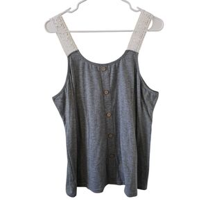 Womens XL Grey Tank White Lace Straps Button Detail